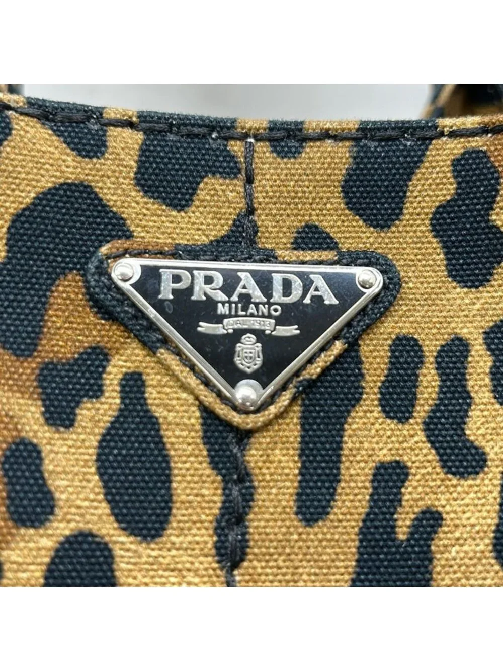 Prada Tote Canapa Light Brown Black Leopard Print